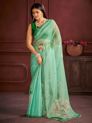ANOUK Floral Print Bollywood Organza Saree(Light Green)