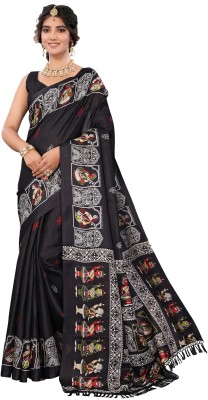 Priyashi Floral Print Mysore Art Silk Saree(Black)