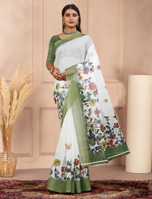 HouseOfCommon Printed Kanjivaram Pure Cotton, Chanderi Saree(White, Green)
