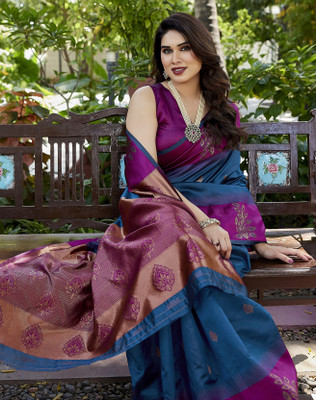 YASHIKA Woven Chettinadu Cotton Silk Saree(Blue)