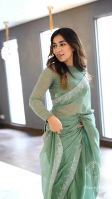 Brahmani Creation Embellished Bollywood Georgette Saree(Green)