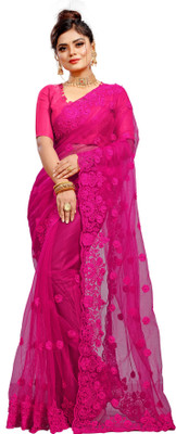 HouseOfCommon Embroidered Bollywood Net Saree(Magenta)