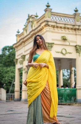 WeaveAura Solid/Plain Handloom Cotton Blend Saree(Yellow)