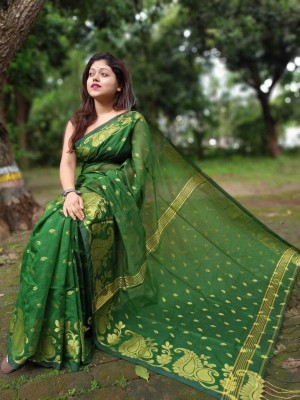 Agamani Woven Handloom Cotton Silk Saree(Dark Green)