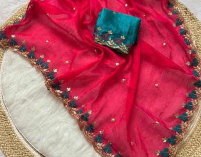 LAJEELEE Embroidered Bollywood Jimmy choo Saree(Red)