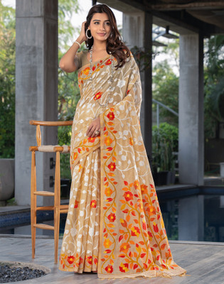 Satrani Woven, Self Design, Embellished Handloom Cotton Blend Saree(Beige, White)