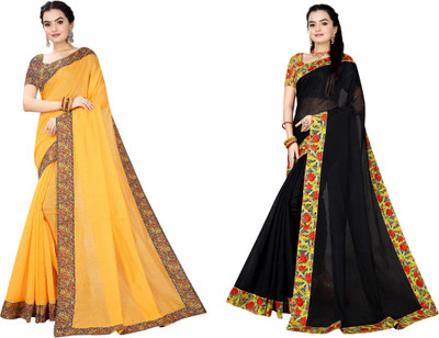 manish Printed Chanderi Cotton Blend Saree(Pack of 2, Black, Yellow)