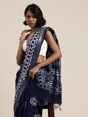 Taavi Self Design Handloom Pure Cotton Saree(Blue)