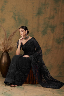 Sangria Embroidered Kalamkari Net Saree(Black)