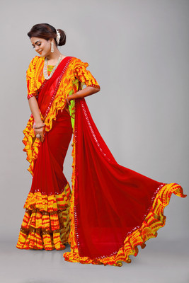 Glamour Hub Printed, Embellished Bollywood Georgette Saree(Red, Yellow)