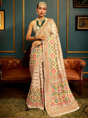Sareemall Printed Banarasi Silk Blend Saree(Cream)