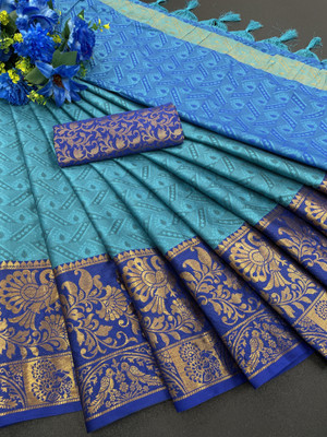 Juhi Collection Woven Kanjivaram Jacquard, Cotton Silk Saree(Blue)