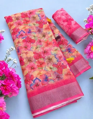 Grubstaker Digital Print Bollywood Linen Saree(Pink)