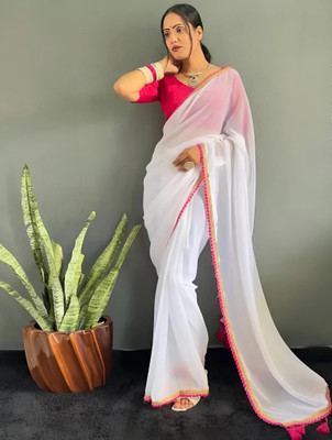 keshav piya fab Embroidered Daily Wear Georgette Saree(White, Pink)