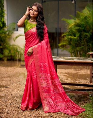 Satrani Printed Bandhani Silk Blend Saree(Pink)