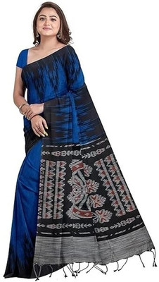 GOLU Solid/Plain, Printed Sambalpuri Handloom Pure Cotton Saree(Blue, Black)