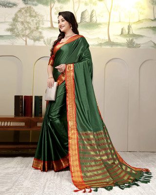 Octa Apparel Striped Banarasi Cotton Silk Saree(Multicolor)