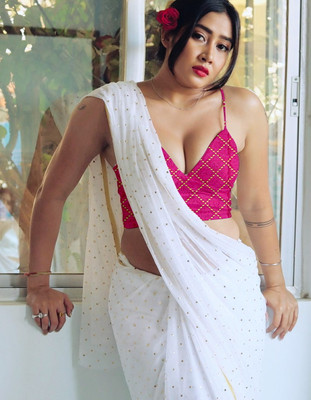 ADORN SHOPPING Printed Bollywood Chiffon Saree(White)