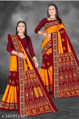 Sumit Textiles Digital Print Sambalpuri Cotton Blend Saree(Orange)