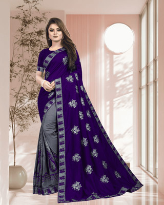 SHOBHTESH Embroidered, Self Design Venkatagiri Silk Blend, Net Saree(Blue, Grey)