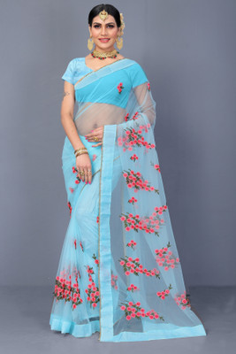 PATLANI STYLE Embroidered Bollywood Net Saree(Light Blue)