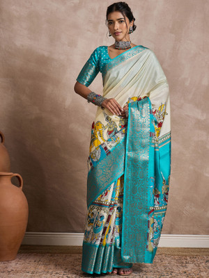 Sareemall Printed Chinnalapattu Silk Blend Saree(Cream)