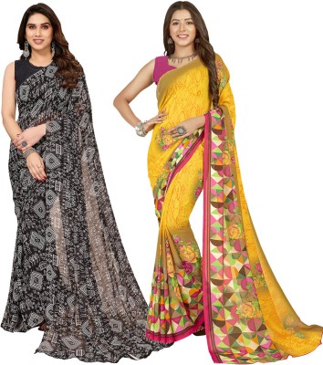 Anand Sarees Floral Print, Polka Print, Ombre, Printed Bollywood Georgette Saree(Pack of 2, Yellow, Pink, Black)