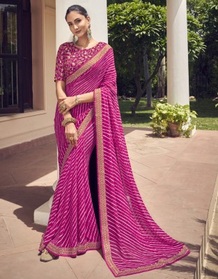 Satrani Printed, Geometric Print, Embroidered, Embellished Bandhani Georgette Saree(Pink, Gold)