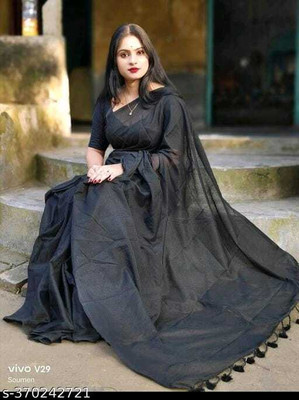 SMRITI HANDLOOM Solid/Plain Handloom Handloom Pure Cotton Saree(Black)