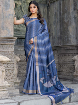 Sareemall Digital Print Hand Batik Tussar Silk Saree(Light Blue)
