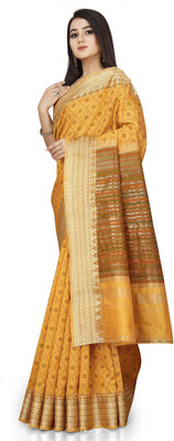 PRIYESHA TEXTILES Printed Assam Silk Cotton Blend, Art Silk Saree(Mustard)