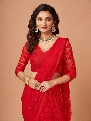 Aamvii Floral Print Bollywood Net Saree(Red)
