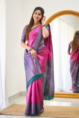 Flosive Striped Banarasi Pure Silk Saree(Pink)