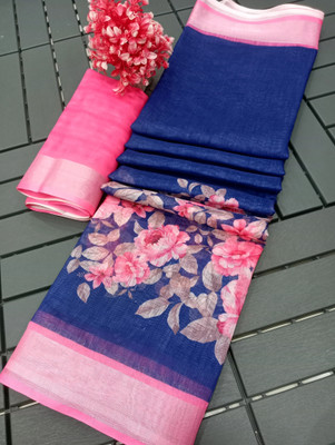 M MAANVIT Floral Print Kanjivaram Pure Cotton, Cotton Linen Saree(Dark Blue, Pink)