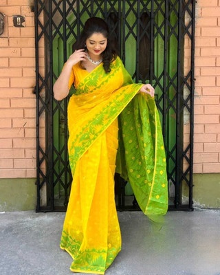 SP Boutique Embroidered Jamdani Cotton Silk Saree(Yellow, Green)