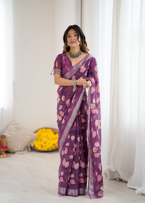 Sindharat Fashion Floral Print Daily Wear Linen Saree(Purple)