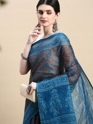 SHANVIKA Printed Daily Wear Pure Cotton Saree(Brown)