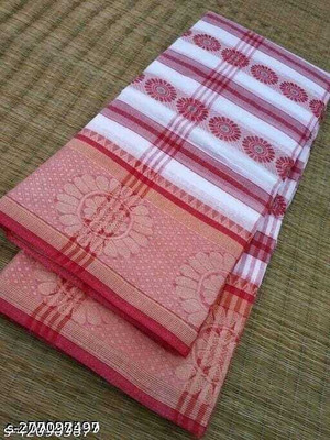 p fashion Self Design Tant Pure Cotton Saree(White, Red)