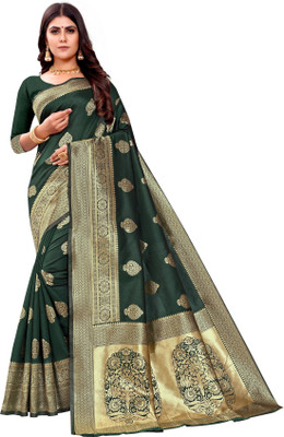 SHRIMAY Woven Kanjivaram Silk Blend Saree(Dark Green)