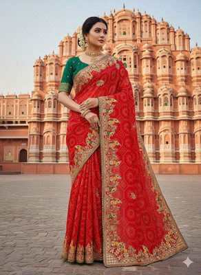 Shreemanji trading Printed Bandhani Art Silk Saree(Red)