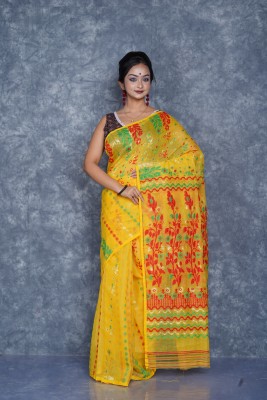 Tapan Textiles Woven Jamdani Cotton Silk Saree(Yellow)