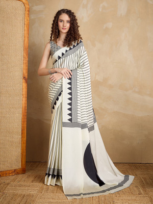 sareya veela Printed, Geometric Print Bollywood Satin Saree(Cream)