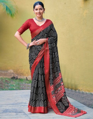 Divastri Printed, Woven, Embellished Narayanpet Cotton Blend, Cotton Silk Saree(Black, White, Red)