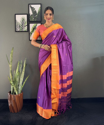 Apnisha Printed Kanjivaram Cotton Silk Saree(Purple, Orange)