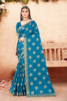 Gold Art Fashion Embellished, Solid/Plain Bollywood Art Silk Saree(Blue)