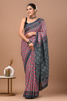 Tetarwal Printed Daily Wear Pure Cotton Saree(Grey, Pink)