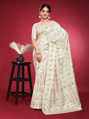 Aformi Woven Banarasi Nylon Saree(White)