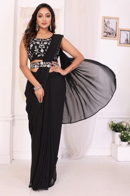 DWINIZAA STORE Solid/Plain Pre Draped Saree Georgette Saree(Black)