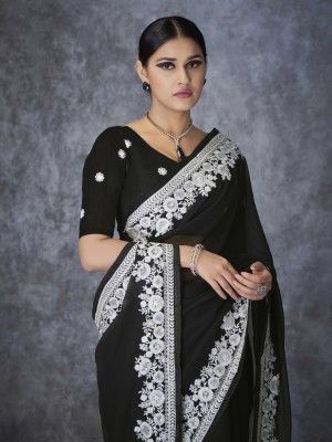 Eeza Embellished, Embroidered Bollywood Georgette Saree(Black)