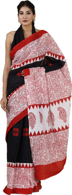 Clothonus Printed Ikkat Pure Cotton Saree(Black)